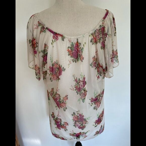 Agenda boho floral sheer lined, relaxed fit tie front lined top, size L - Picture 4 of 5